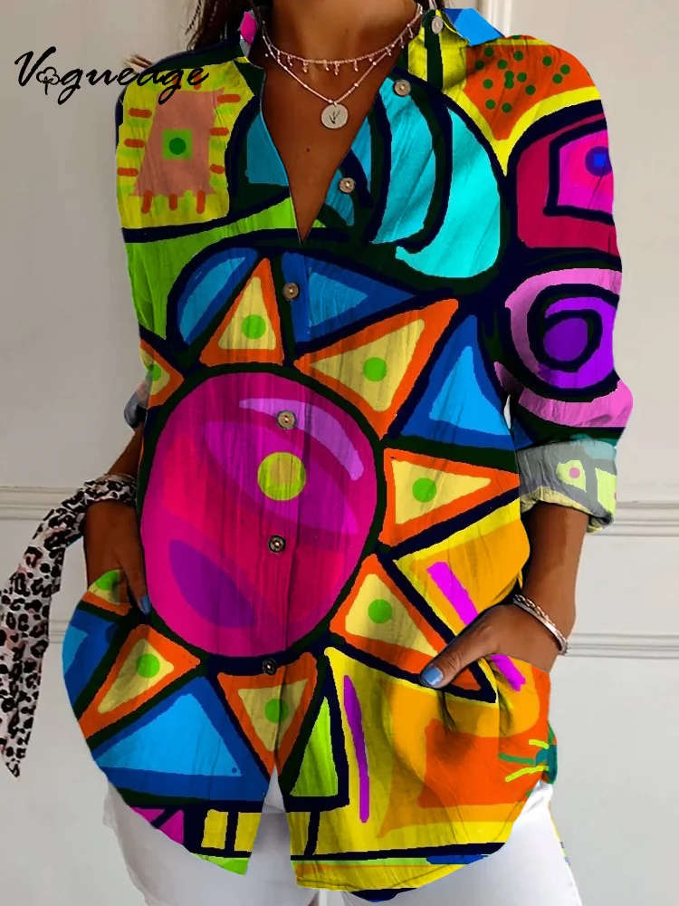 Bright And Creative Patterns Long Sleeves Printed Cotton And Linen Shirt