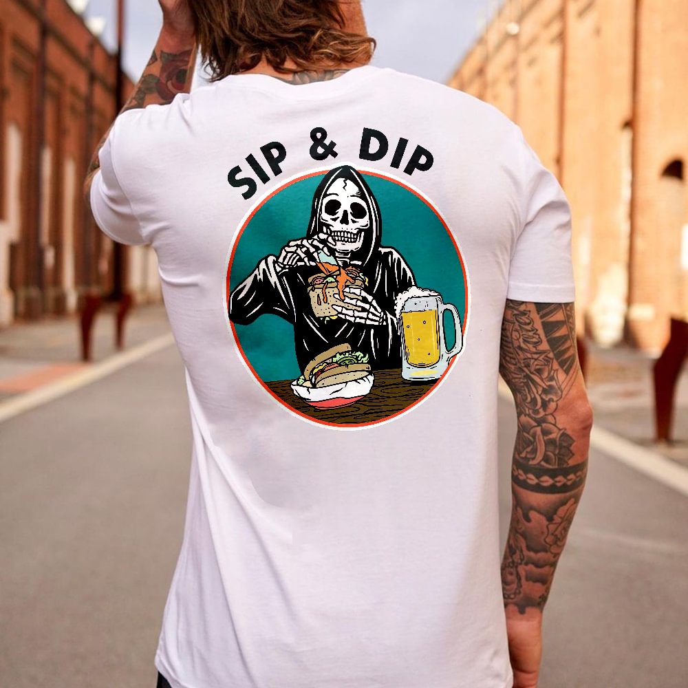 Skeleton eatting hamburger sip & dip printed designer T-shirt -  