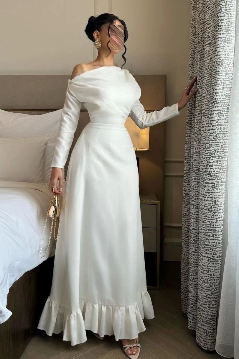 Lvs&Broner White Off the Shoulder Long Sleeves Long Prom Dress With Ruffles