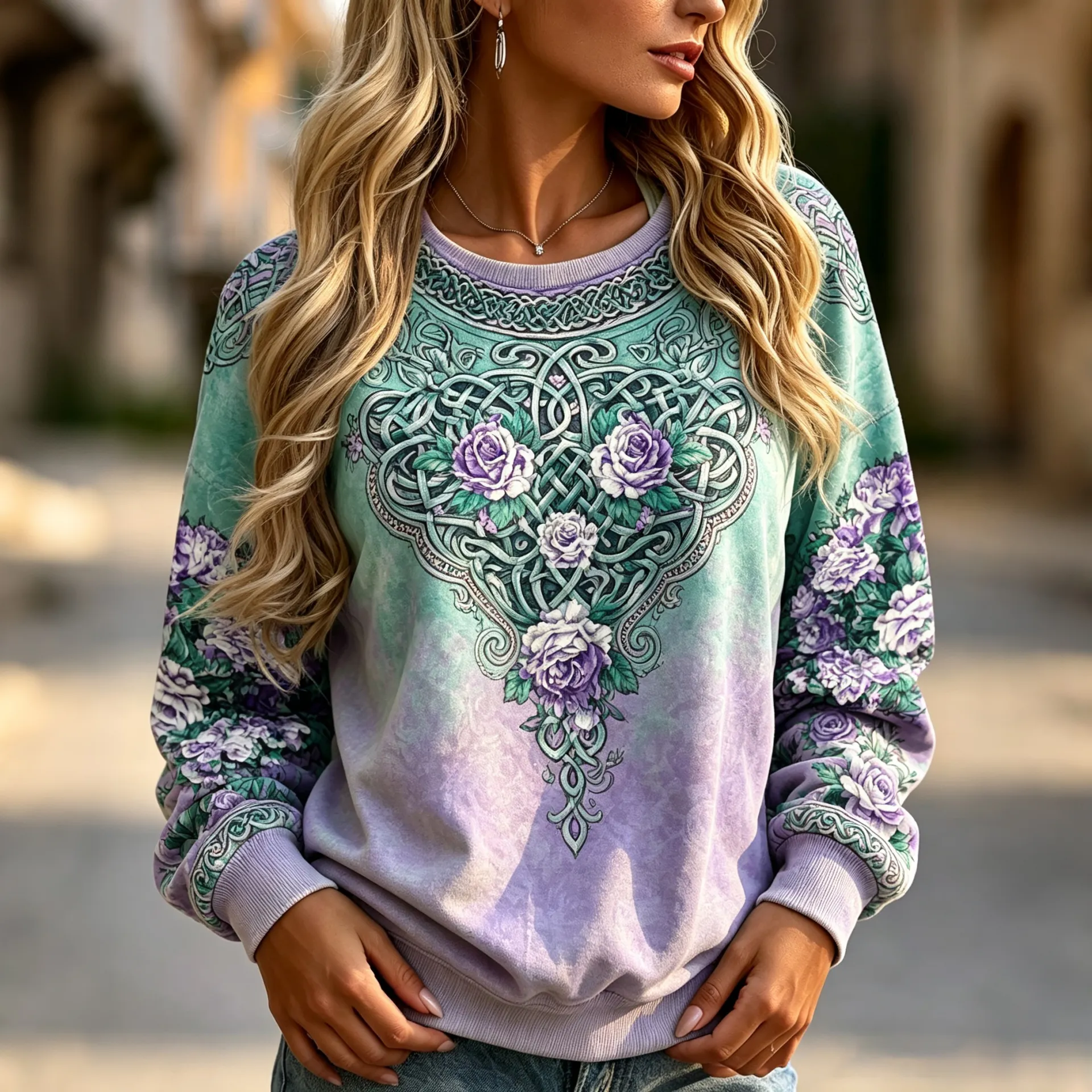 Comstylish Women's Retro Floral Celtic Knot Design Crew Neck Sweatshirt