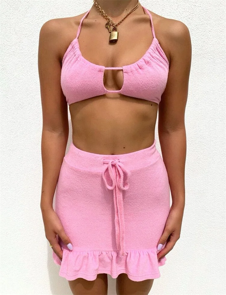 Forefair 2022 Summer Spaghetti Strap Swimsuits Women Crop Top and Mini Skirt Sets Pink Sexy Two Piece Suits Party Beach Outfits
