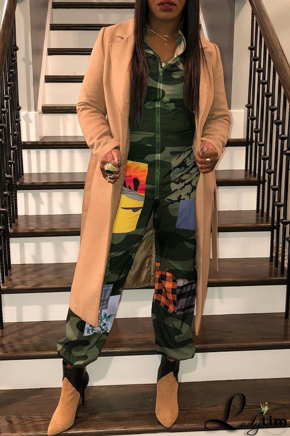 Black Sexy Patchwork Colorblock Printing O Neck Jumpsuits