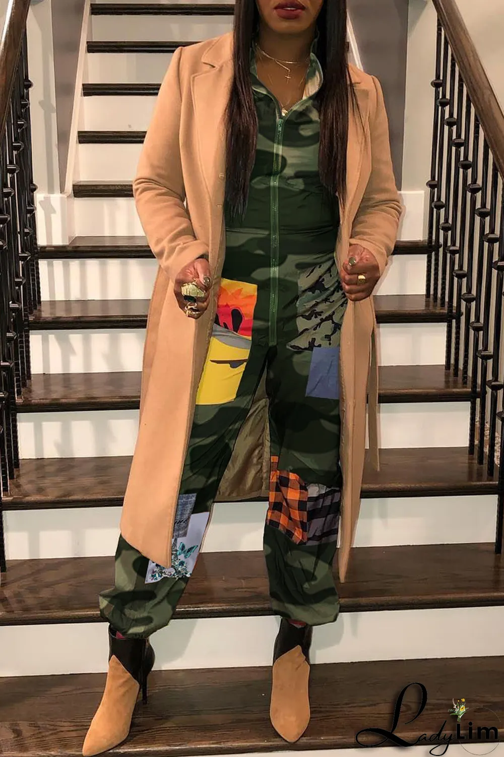 Black Sexy Patchwork Colorblock Printing O Neck Jumpsuits