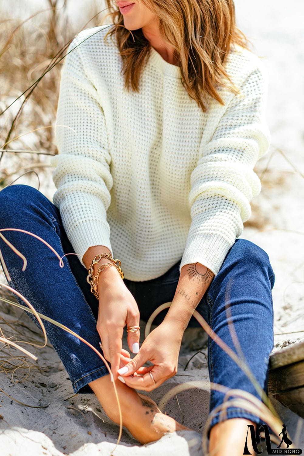 MidiSono - Waffle Knit Hollow-out Eyelet Pullover Sweater