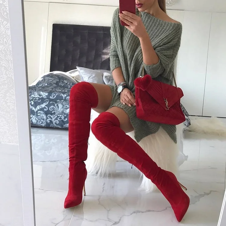 Red Suede Thigh High Heel Boots |FSJ Shoes