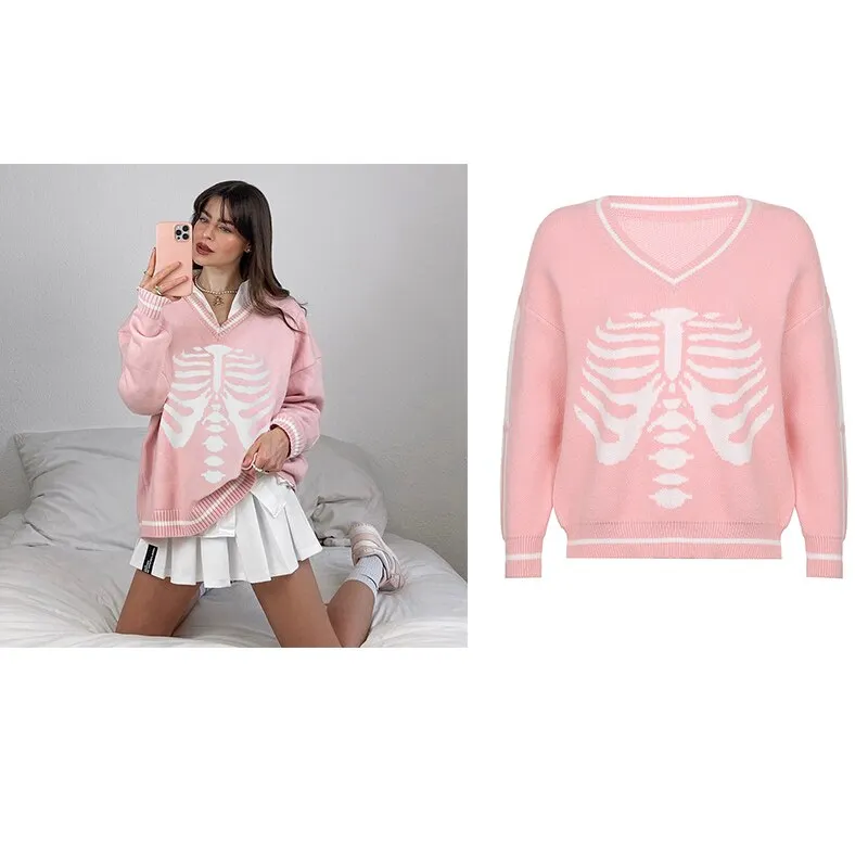 Rapcopter Y2K Sweaters Skulls Pullovers V Neck Knitwear Loose Casual Knitted Jumpers Women Streetwear Retro Tops Autumn Winter