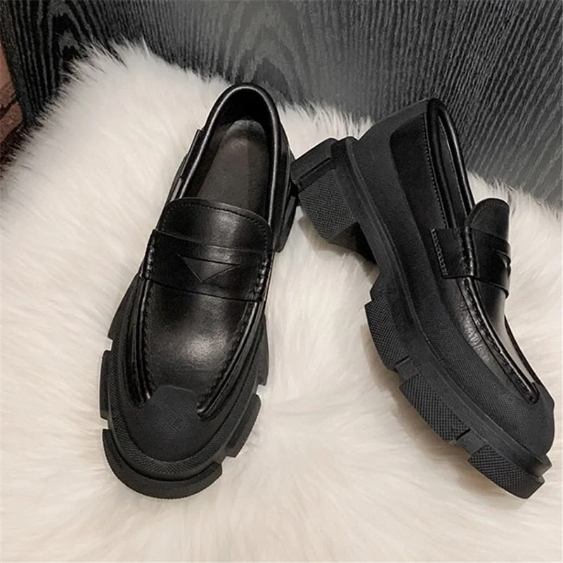 Meotina Women Loafers Shoes Genuine Leather Thick Heels Pumps Round Toe Causal Med Heel Ladies Footwear Spring Autumn Black 42