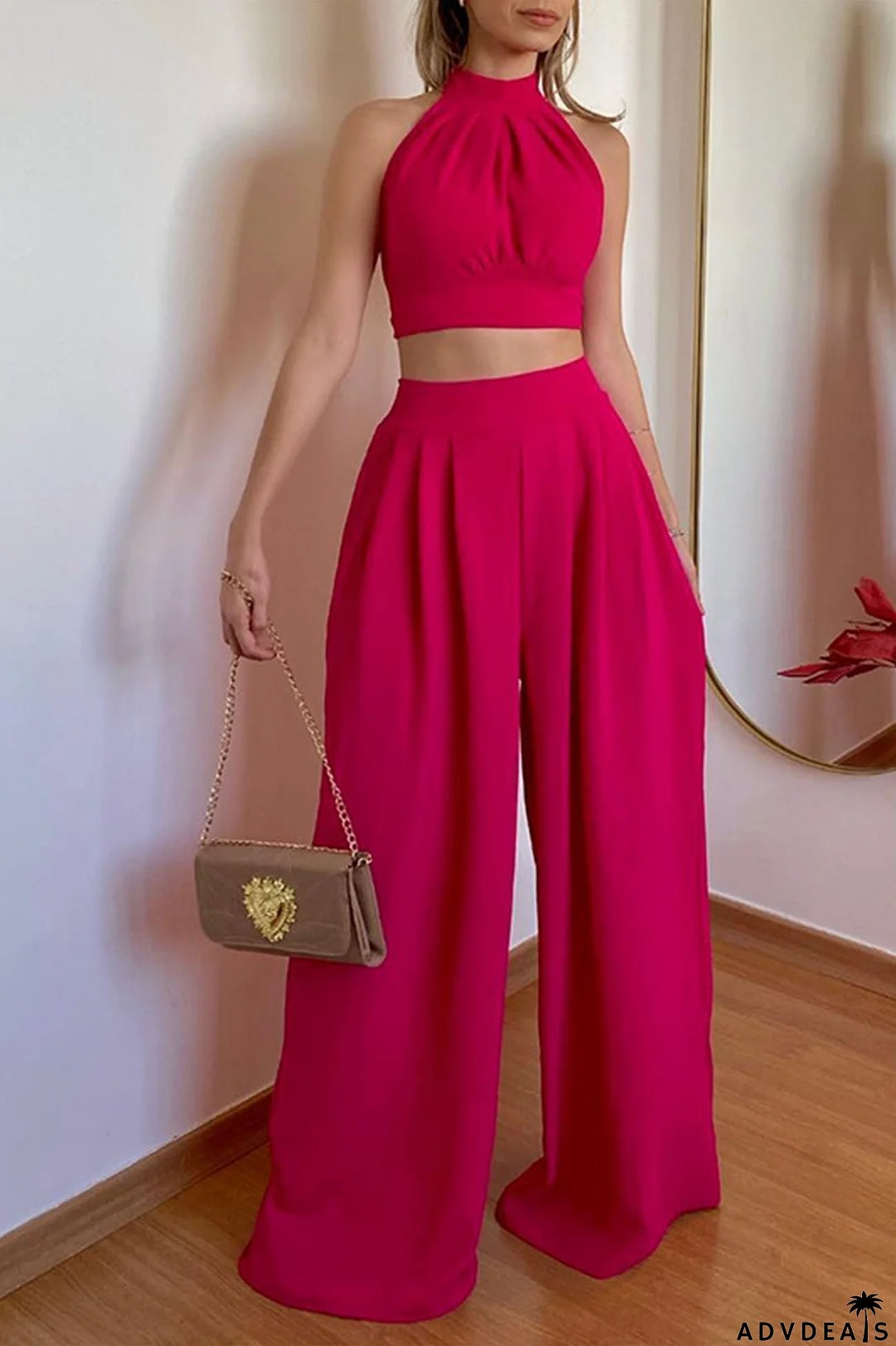Halterneck Backless Tie Crop Top Wide Leg Pants Set