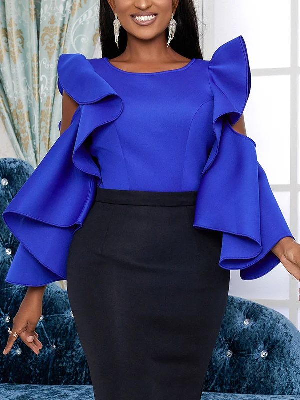 Hollow Ruffled Solid Color Split-Joint Long Sleeves Loose Round-Neck Blouses&Shirts Tops