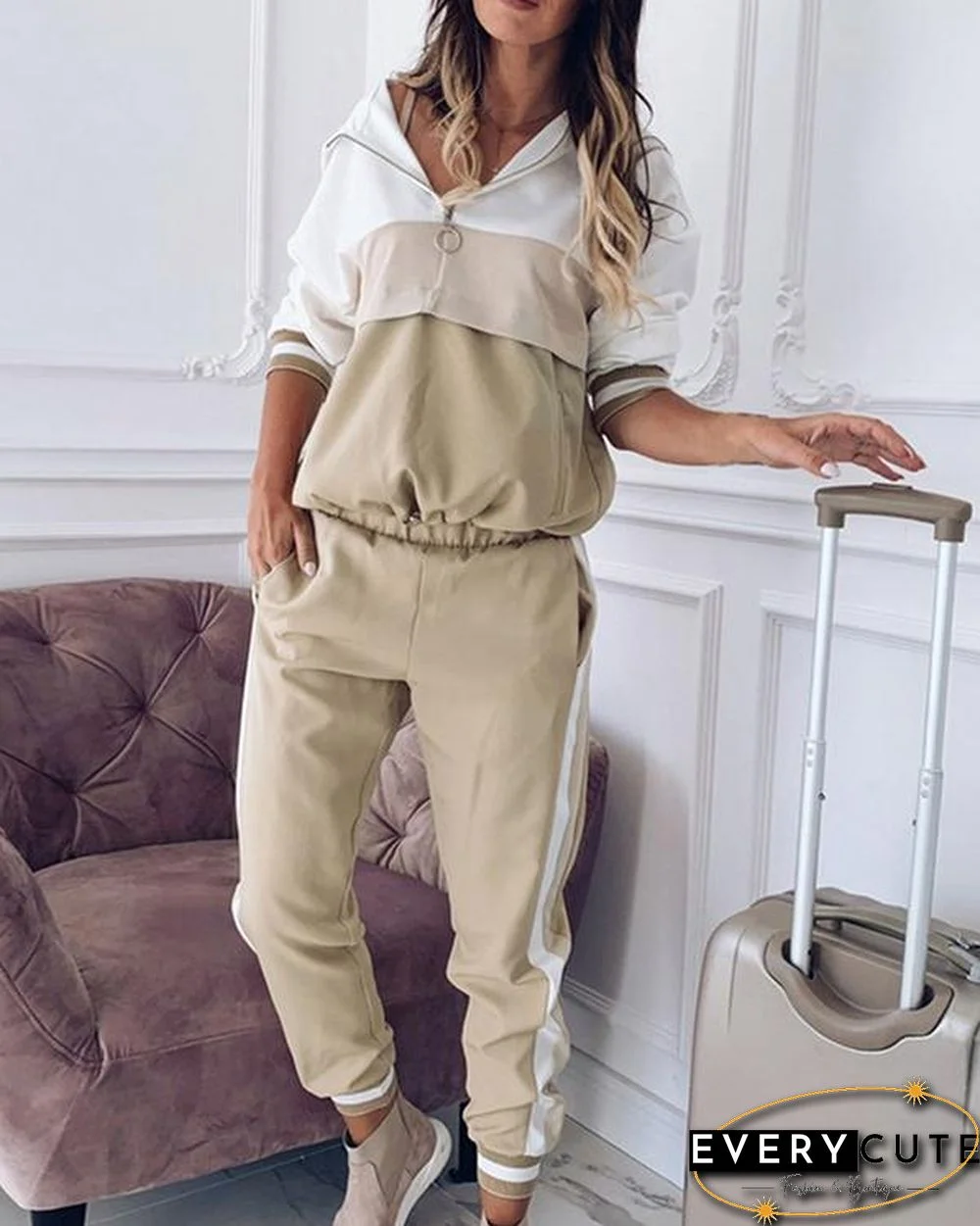 Casual Color Block Zipper Hoodie Sweatshirt&Pants Set