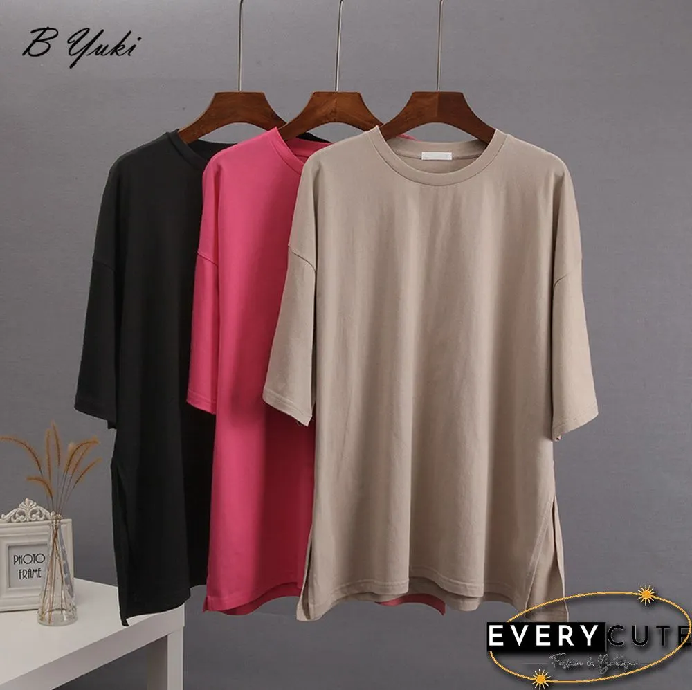 Blessyuki Summer Oversized T Shirt Women New 100% Cotton Soft Casual Chic Tees Female Casual Split Solid Basicharajuku Tops