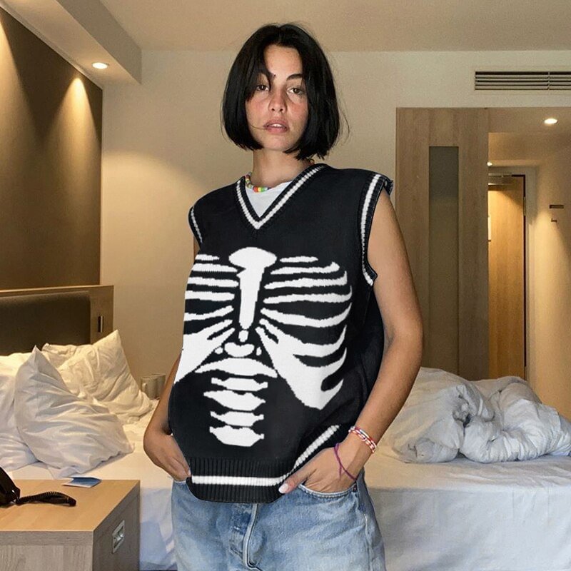 Vintage Skeleton Print Y2K Knit Sweater Vests V-neck Chic Loose Cute Pullovers Streetwear Aesthetic 90s Knitwear Cuteandpsycho