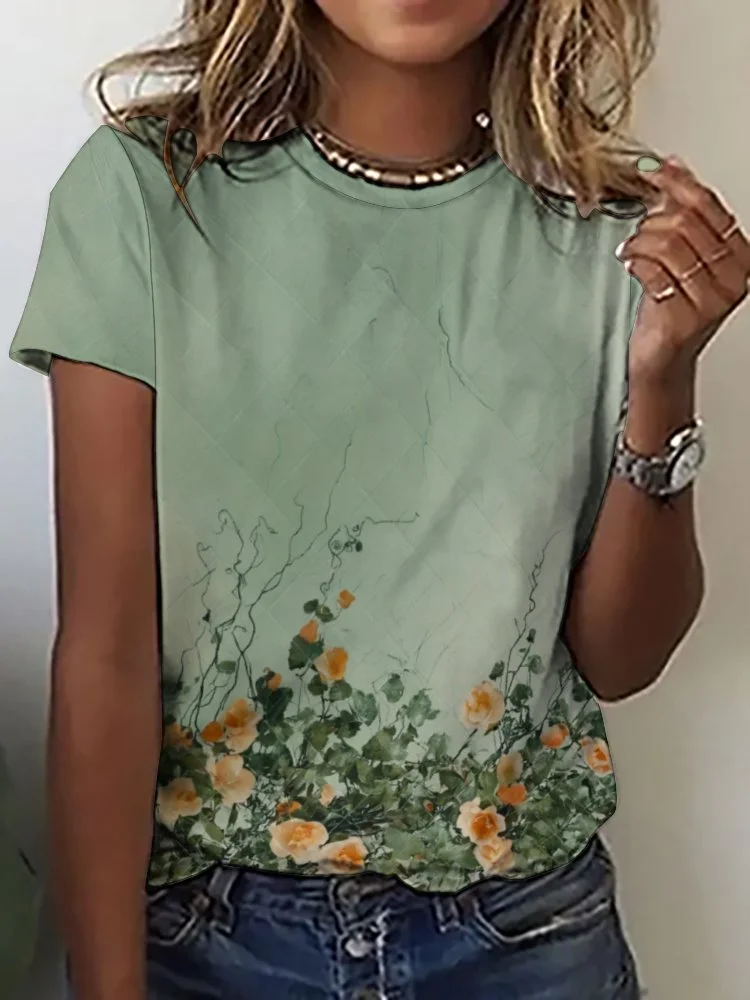 Printed Short Sleeve Casual T-shirt for  Women and Men Unisex Pattern Floral, Orange, Green