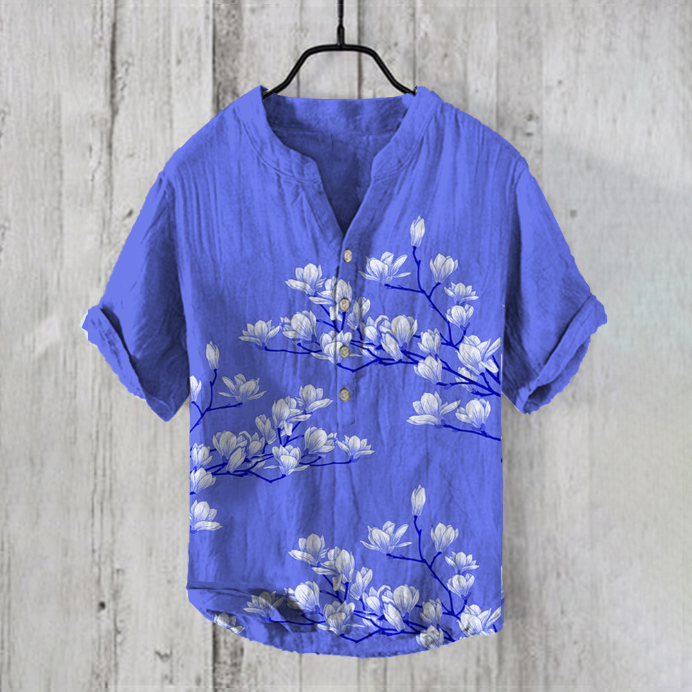 Vintage Japanese Magnolia Flower Casual Linen Blend Shirt  artssus