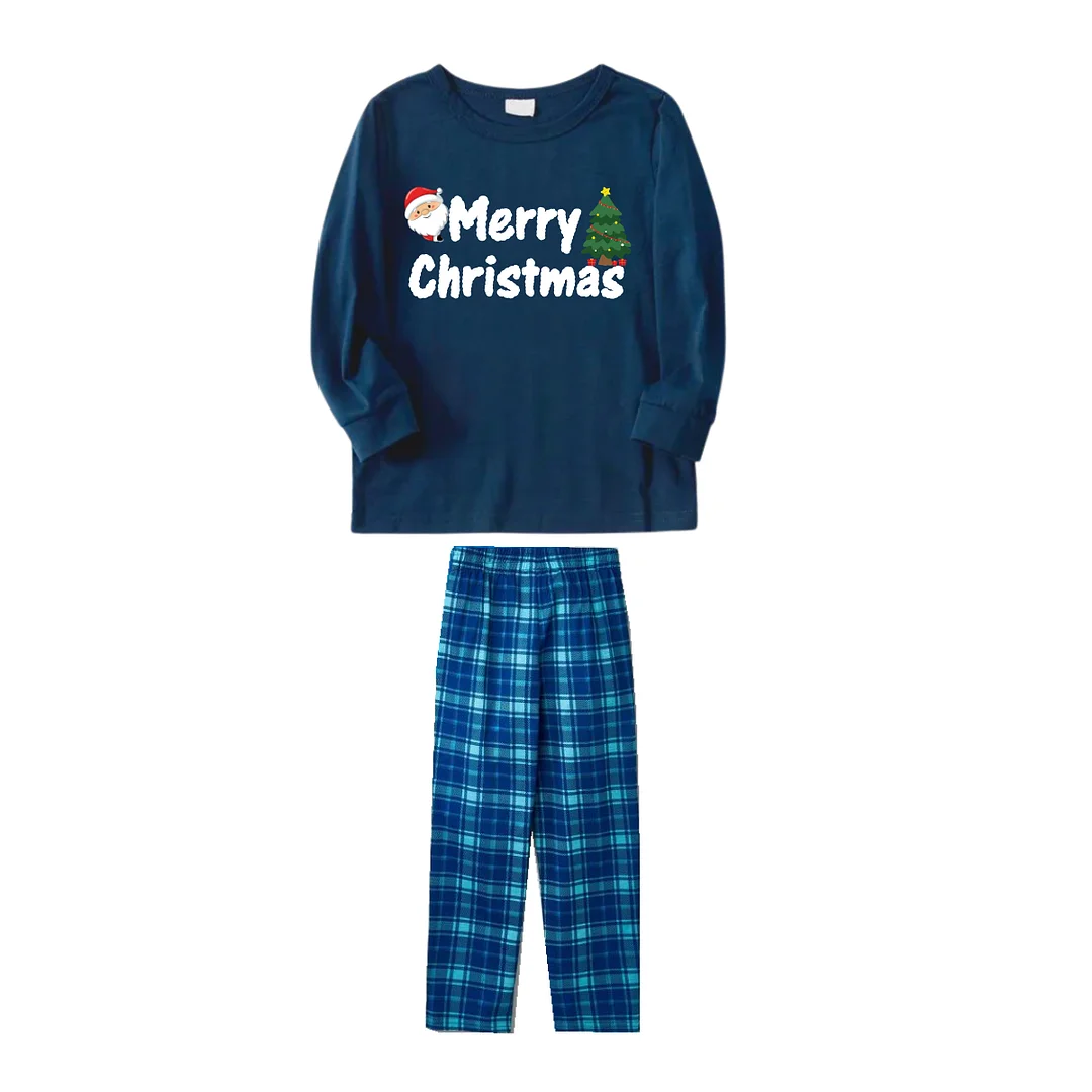 "Merry Christmas" and Santa Claus Printed Blue Long Sleeve Top With Blue Plaid Family Matching Pajamas