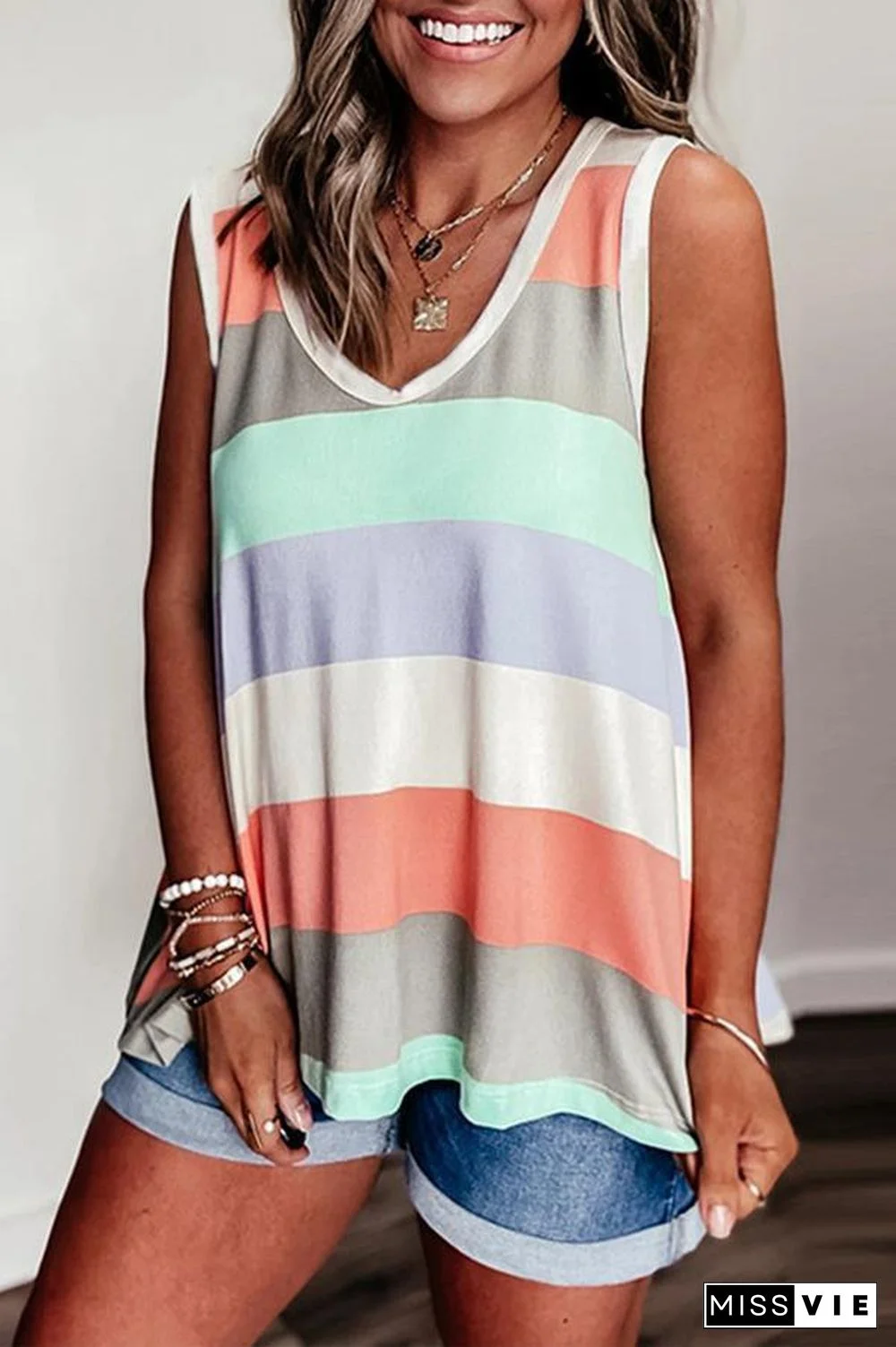 Rainbow Stripe Contrast Sleeveless Top