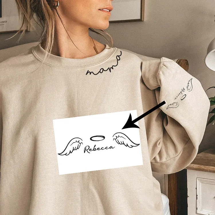 Custom Neck and Angel Name on Sleeve Design Sweatshirt, Mothers Day, Gift for Mom