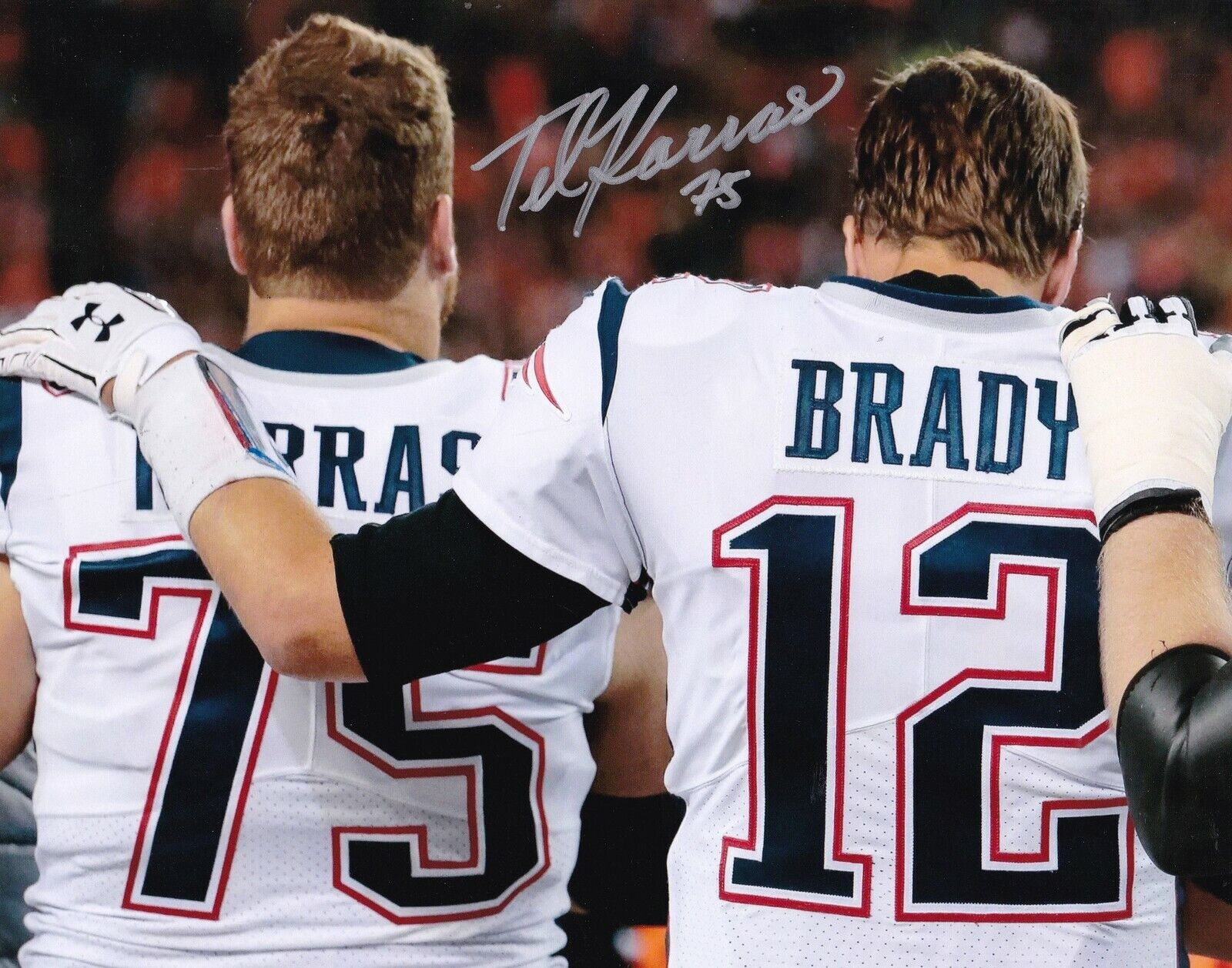 TED KARRAS NEW ENGLAND PATRIOTS W/ TOM BRADY ACTION SIGNED 8x10