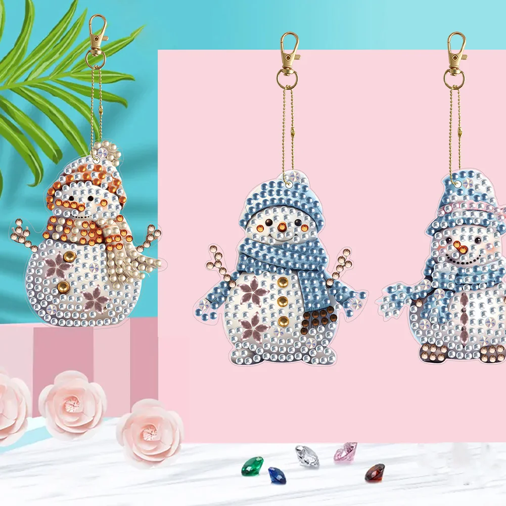 6pcs DIY Snowman Diamond Art Key Rings Double Sided Keychain Supplies Gift for Kids