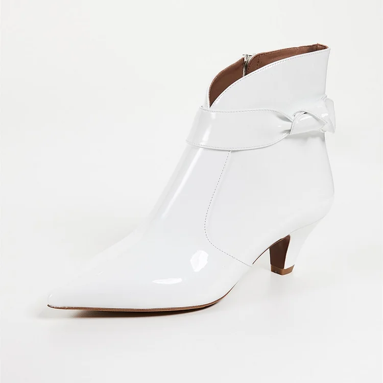 White Pointy Toe Cone Heel Zipper Ankle Boots with Bow |FSJ Shoes