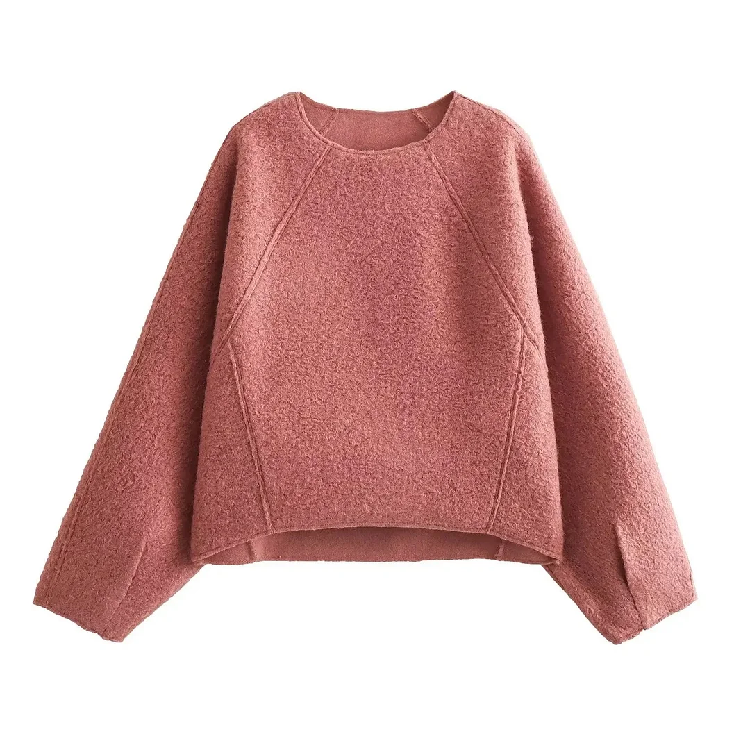Tlbang New Women Chalk Pink Oversize Boucle Sweatshirt O Neck Long Sleeve Female Autumn Winter Pullover Tops