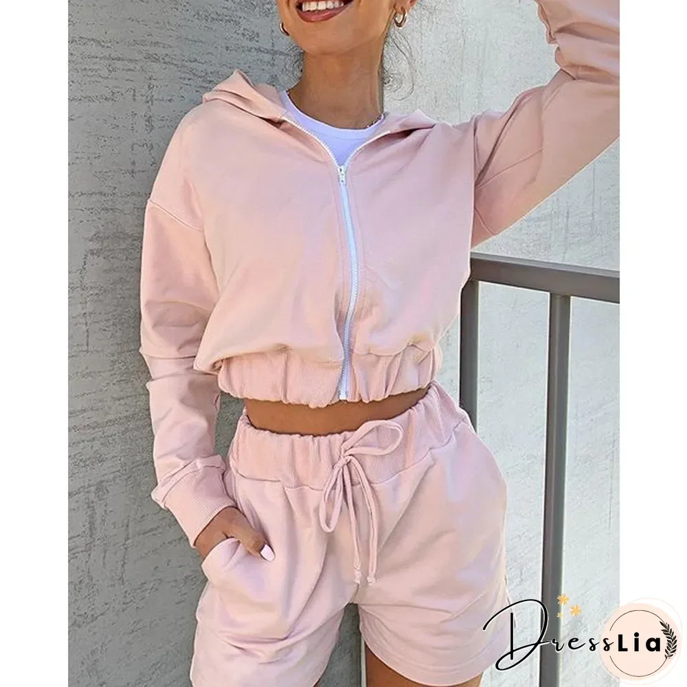 Women Autumn Sexy Solid Outfits New Hooded Zipper Long Sleeve Short Sweatshirts + Sports Shorts Suits Casual Tracksuits 2Pcs Set