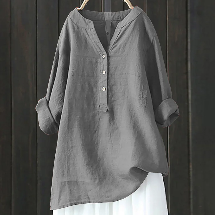 Vintage Button Cotton Linen V Neck Comfy Shirt