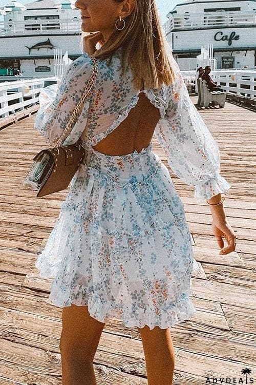 Print V Neck Backless Mini Dress