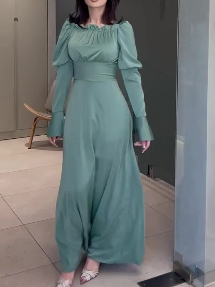 Elegant Palace Style Bubble Collar Ruffled Waist Solid Color Dress | Oxredo Shop Ramadan Sale