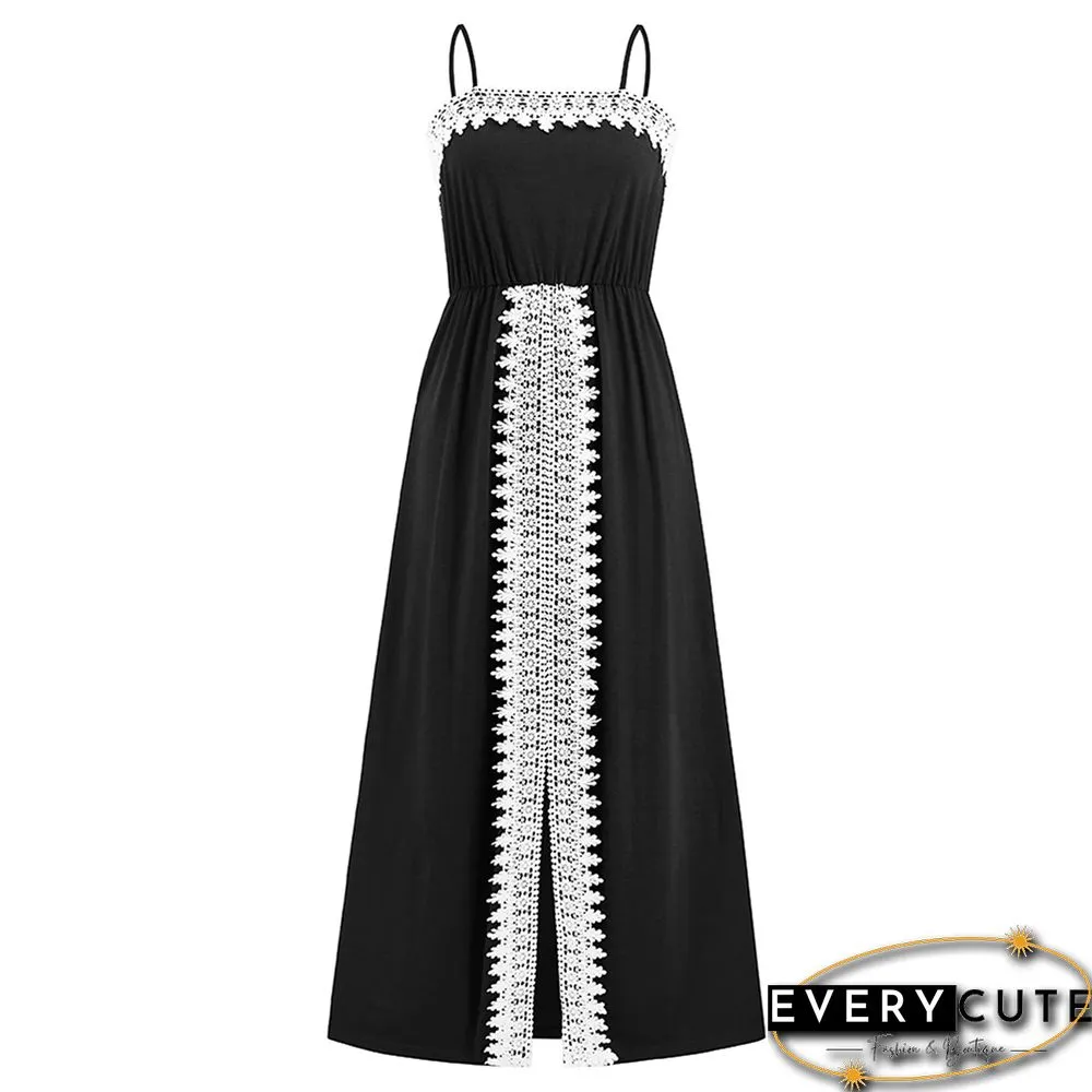Black Spliced Lace Trim Spaghetti Straps Dress
