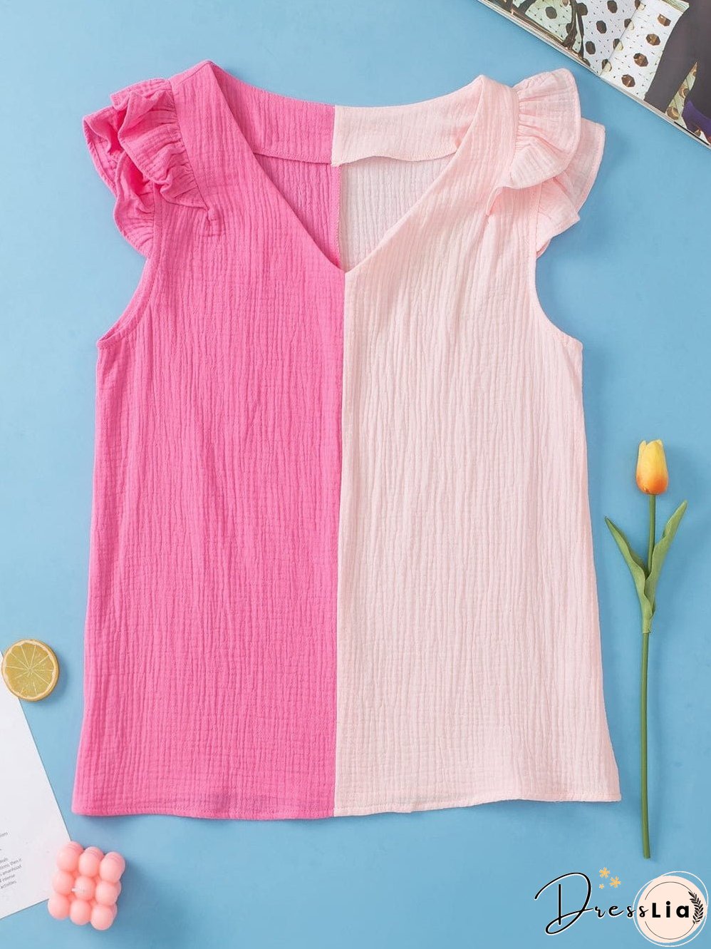 Pink Tiered Ruffle Sleeve Color Block Blouse