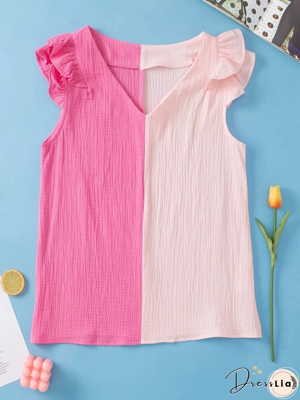 Pink Tiered Ruffle Sleeve Color Block Blouse