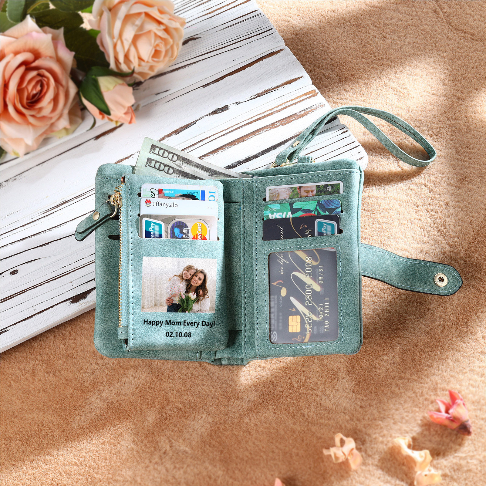 Portafoglio in PU pelle girasole con 1 letetra & 1 testo & 1 nome & 1 foto personalizzati per mamma/nonna