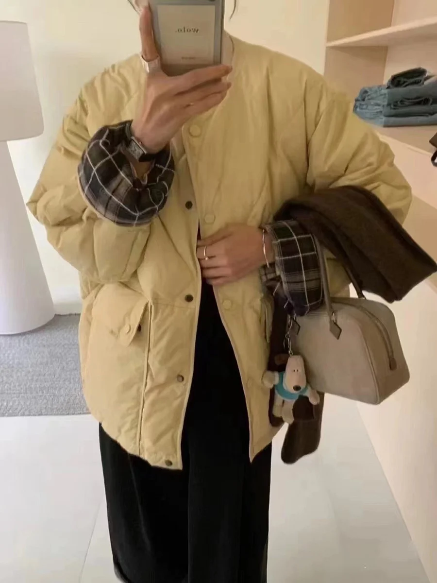 Woherb Down Jacket Short Style 2024 Winter Sweet Round Collar Grid Stitching Light Small Diamond Bread Coat Tide-Outfit Ideas