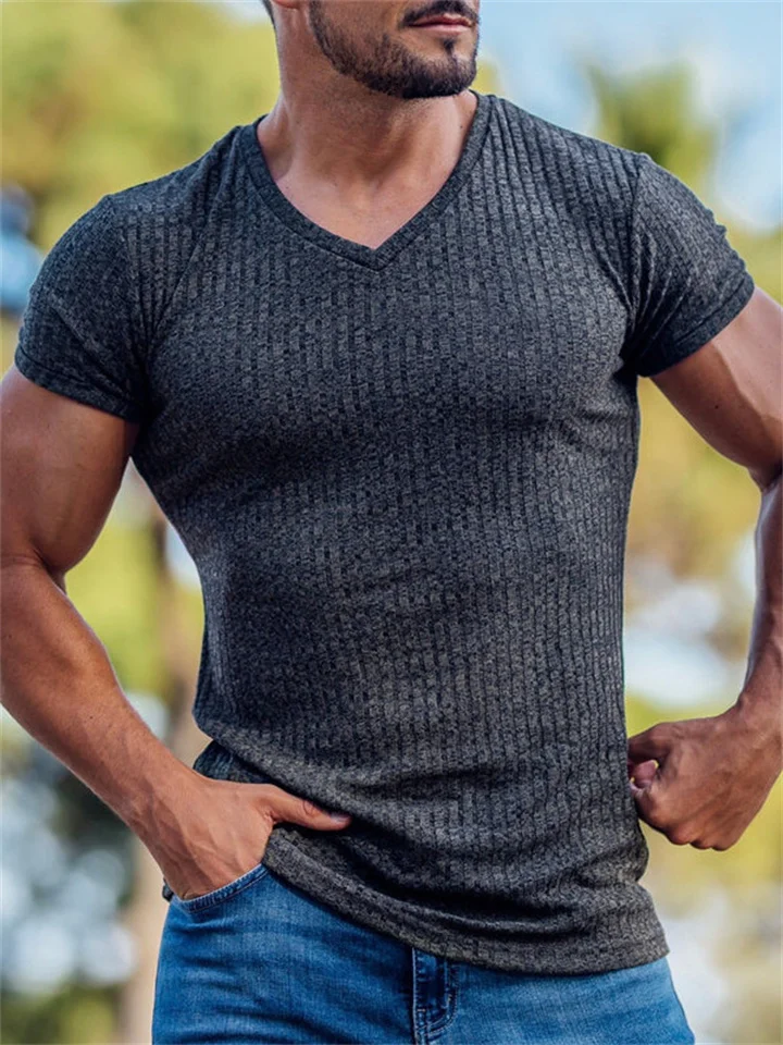 Summer Slim-fit V-neck Sports Fitness Breathable Solid Color Short-sleeved Sweat T-shirt Male Green Black Blue Light Grey Dark Grey White-Cosfine