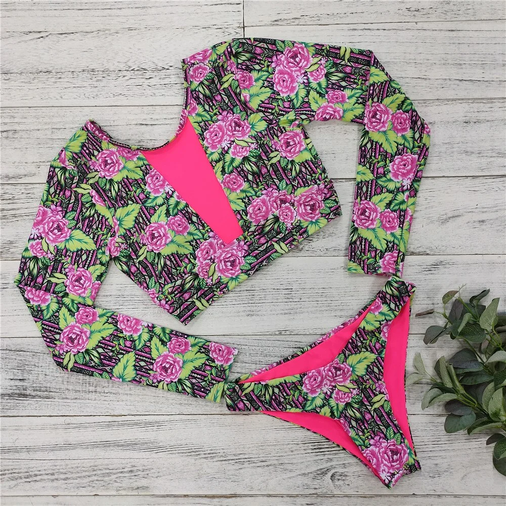 2021 Sexy Long Sleeve Bikinis Women Swimsuit Green Leaves Print Bathing ...