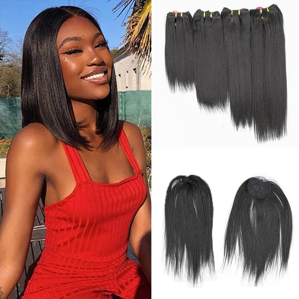 Short Straight Bundles With Fringe Hair Extensions Synthetic Straight Hair Weaving Short Bob Human Hair Heat Resistant Fiber Wig US Mall Lifes