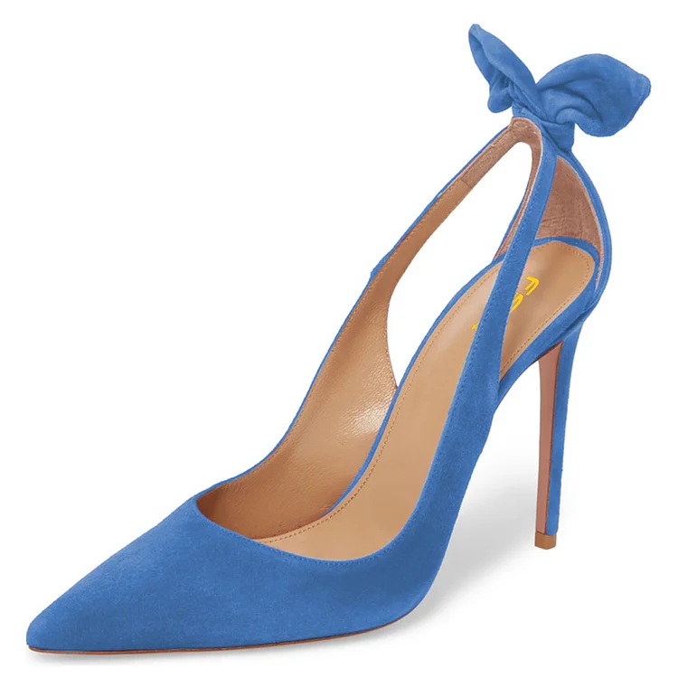 Blue Vegan Suede Bow Heels Pointy Toe Stiletto Heel Pumps |FSJ Shoes