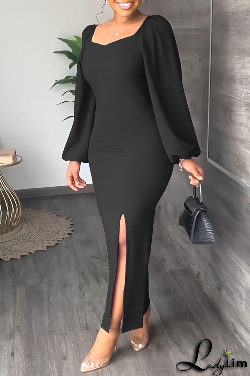 Yellow Fashion Casual Solid Slit Square Collar Long Sleeve Dresses