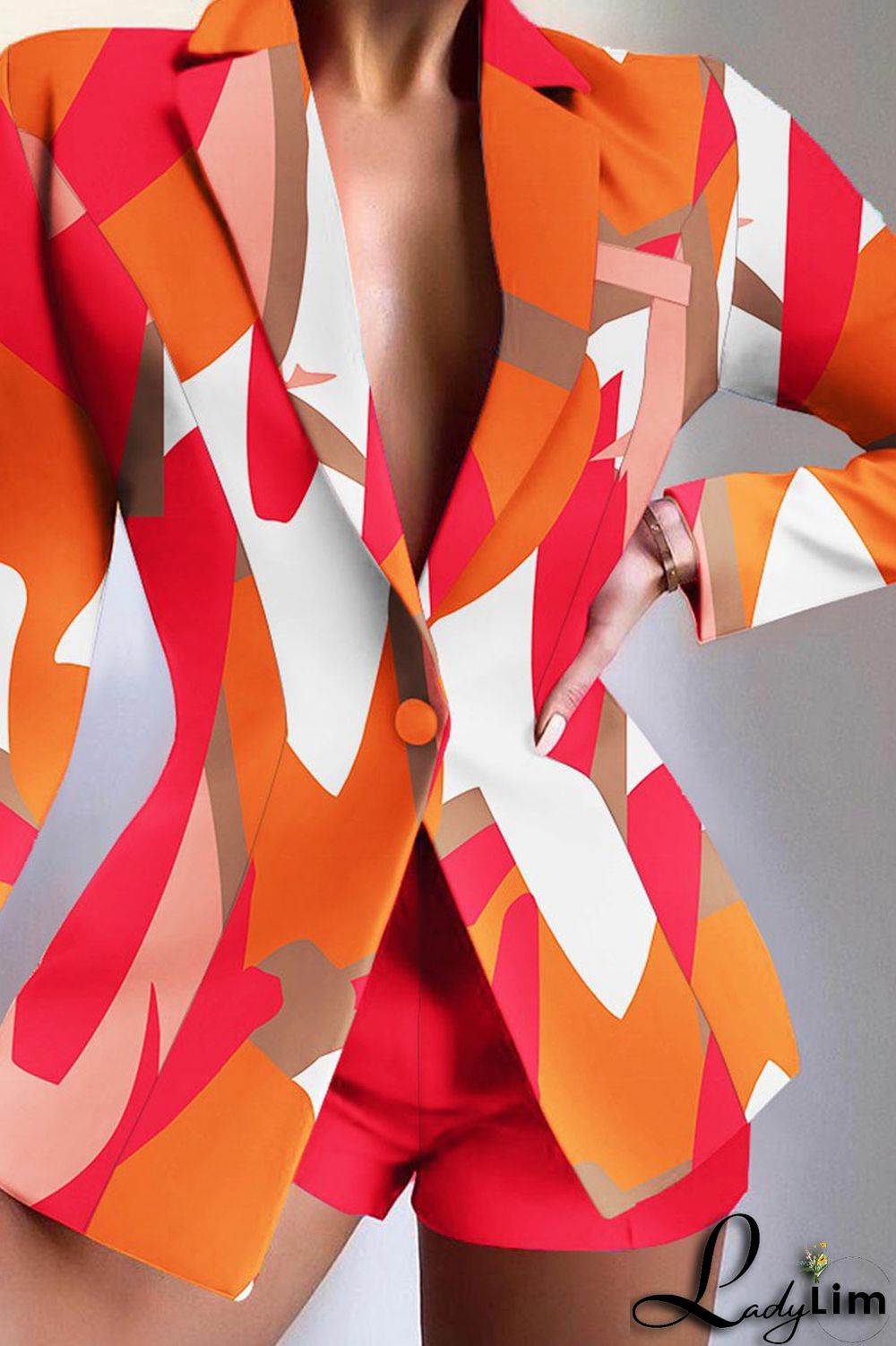 Camel Casual Print Patchwork Buttons Turn-back Collar Long Sleeve Two Pieces