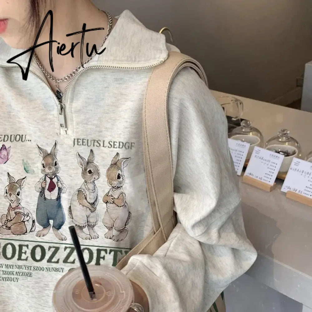 Hoodie for Woman Retro Gray Rabbit Y2k  Sweater Women Spring and Autumn Loose Oversize Harajuku Wind Casual Hundred Take Tops Aiertu