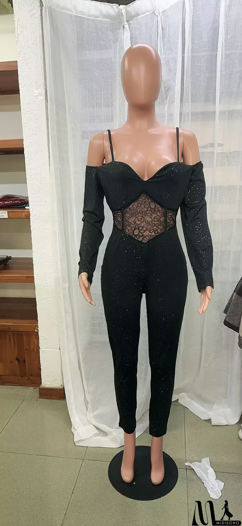 MidiSono - Women's Black Low Neck Sexy Tight Fitting Jumpsuit