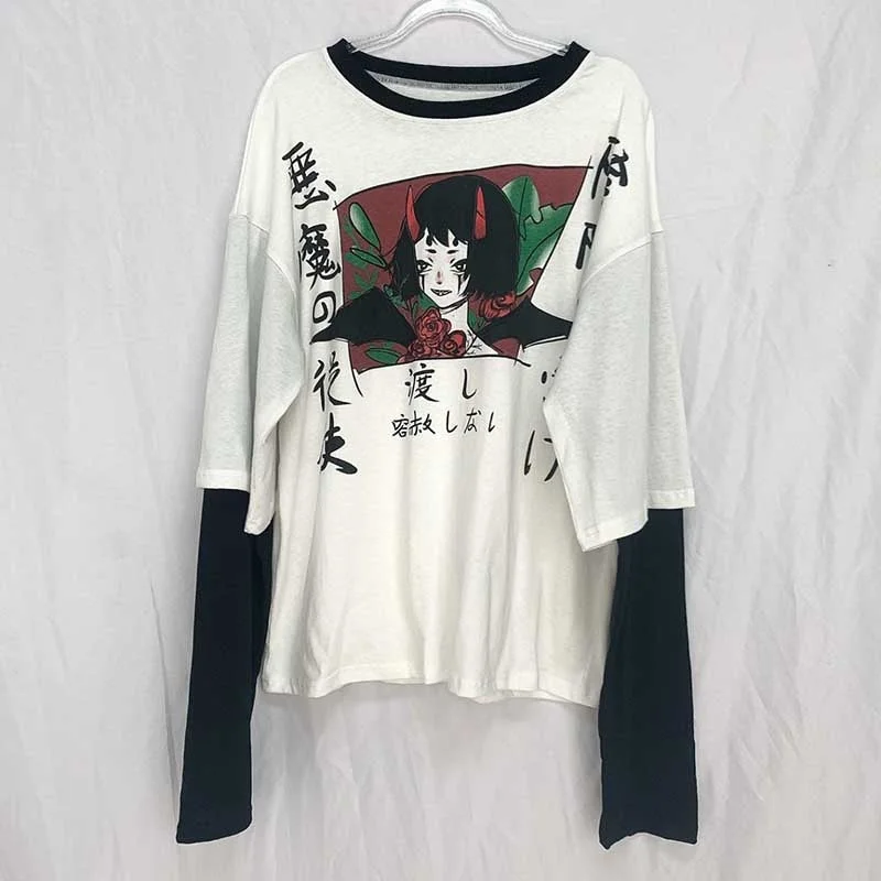NiceMix Harajuku Streetwear Vintage White T Shirt Women Gothic Tops Kawaii Cartoon Funny Anime Printed Teen Girl Long Sleeve Tee