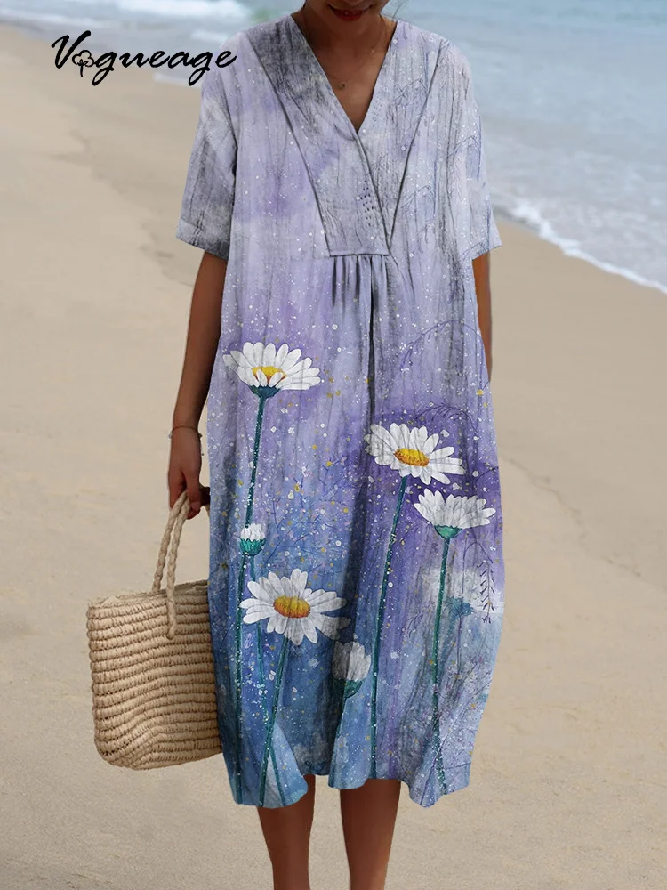 Simple And Elegant Starry Sky Daisy Printed Women's Casual Cotton And Linen Dress