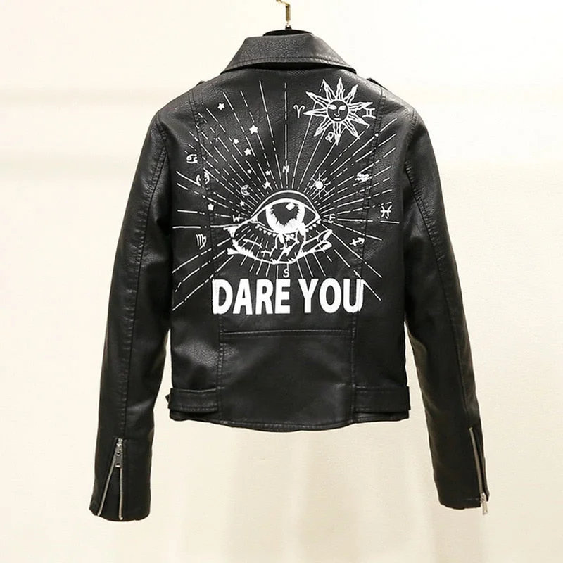 Ailegogo Autumn Women Female Rivets Letters Print Motorcycle Leather Short Women's Biker Coat Faux Leather Jacket  Punk Outwear
