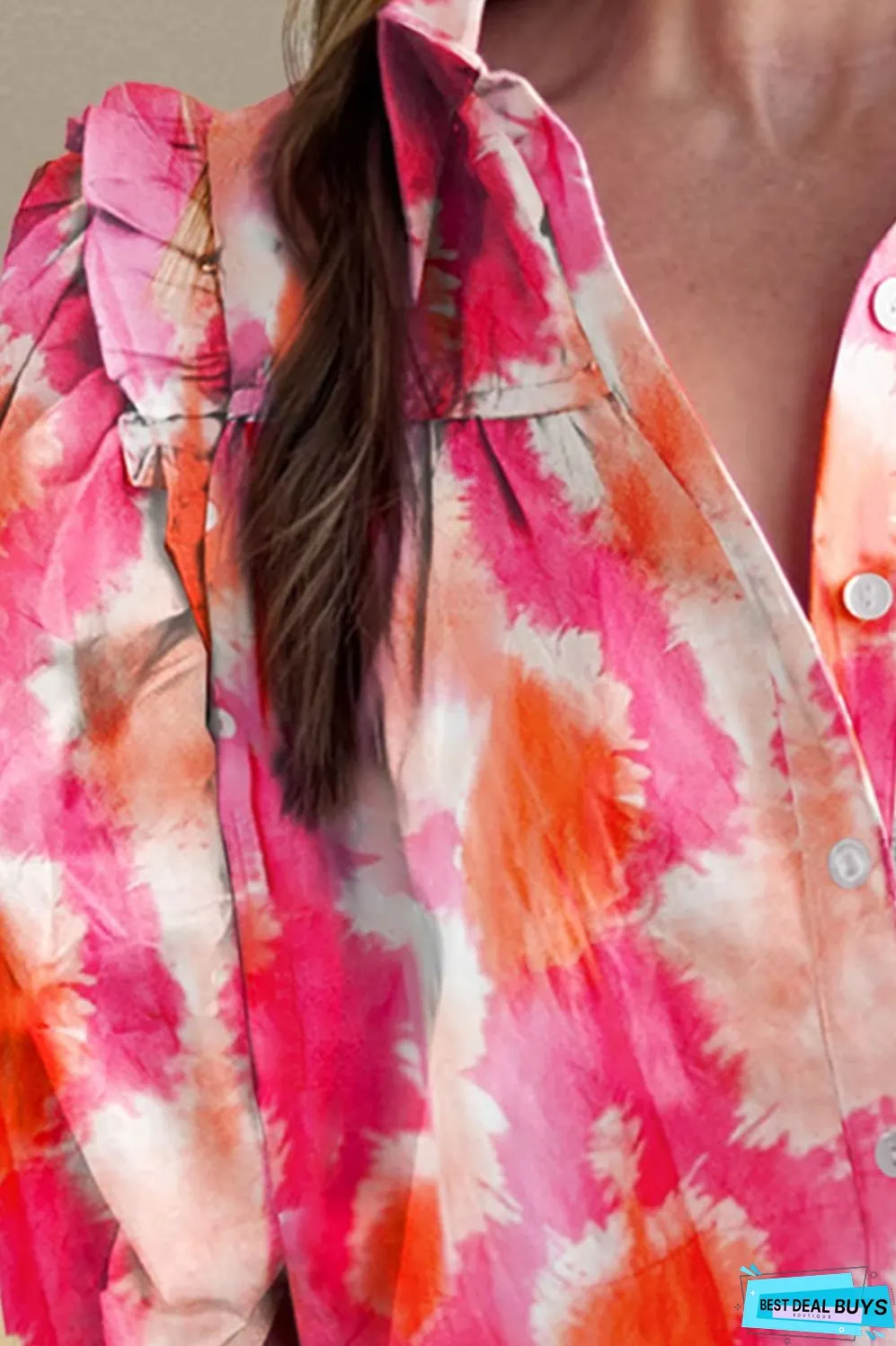 Frill Contrast Print Collared Neck Half Sleeve Shirt