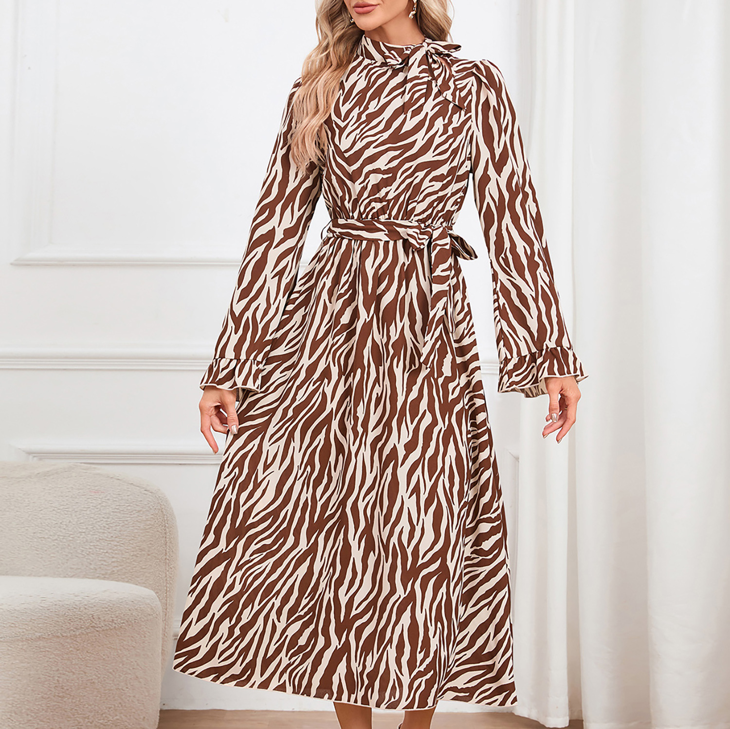 Mature Women's Slim Fit Elegant Flare Sleeve Stand Collar Dress