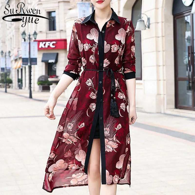 Half Sleeve Loose Flower Print Blouse Shirts Summer Sun Protection Women Long Blouses Super Thin Floral Chiffon Cardigan 9121 50