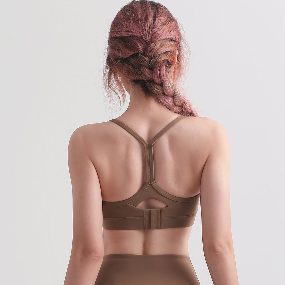 Hergymclothing Deep Khaki women's naked feel skin friendly u neck traceless buckle padded light support sports bra with thin straps online shopping