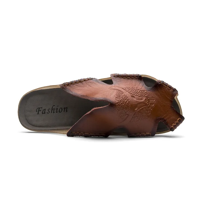 Summer Genuine Leather Men's Sandals Classic Breathable Slip-On Sandals Men Casual Beach Shoes Outdoor Slippers Plus Size 38-48